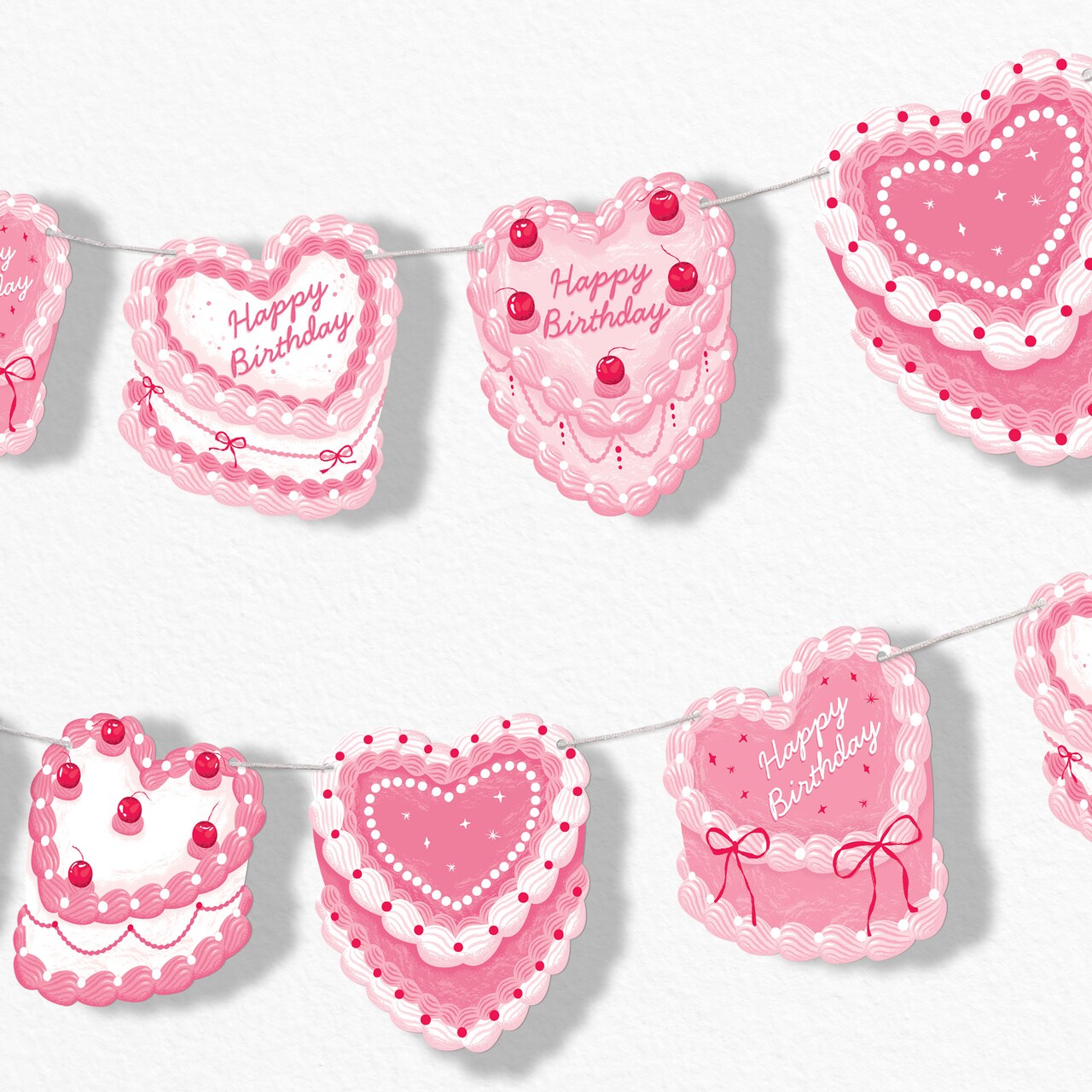 Pink Heart Cake Garland Banner, Coquette Birthday Party Decor for Girls & Women, 30 Feet of Cord, 15 Double-Sided Vintage Birthday Cake Shapes